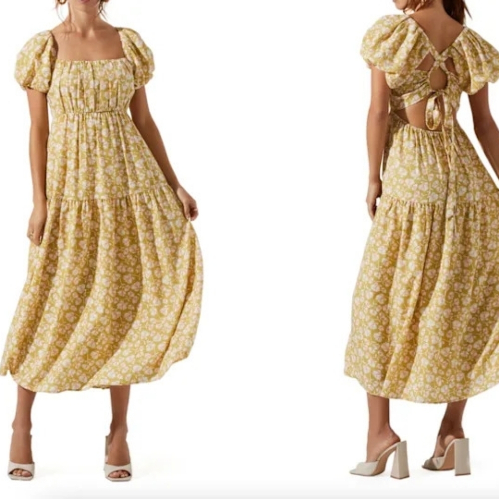 ASTR The Label Puff Sleeve Floral Midi Dress Large New